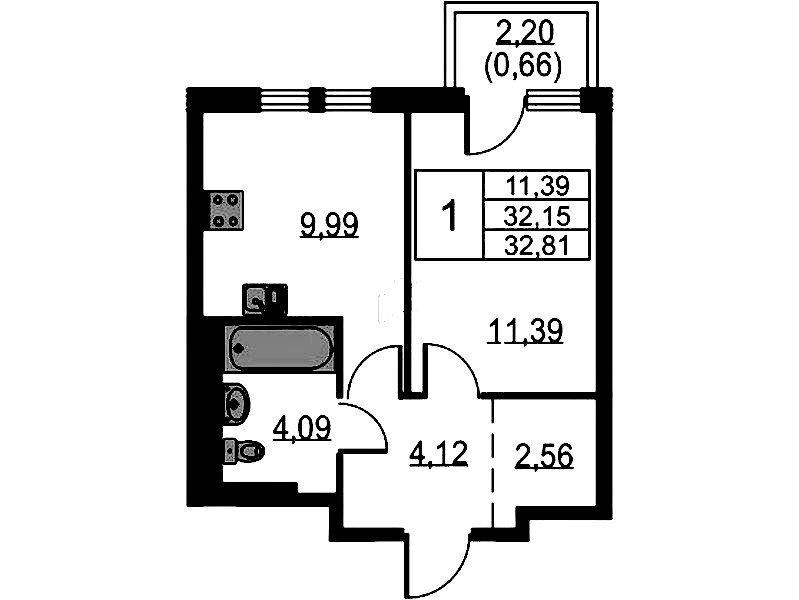 1-комнатная квартира 32.81 м², 4/12 эт., ЖК «Невская Долина»